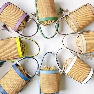 Colores Collective Italian Leather Straw Bucket Bag Green Crossbody